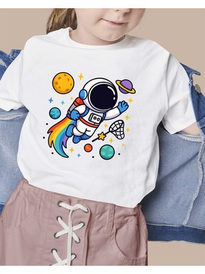 F17 Ajans Renkli Astronot Baskılı %100 Pamuk Sıfır Yaka Kız ve Erkek Çocuk Tişörtü