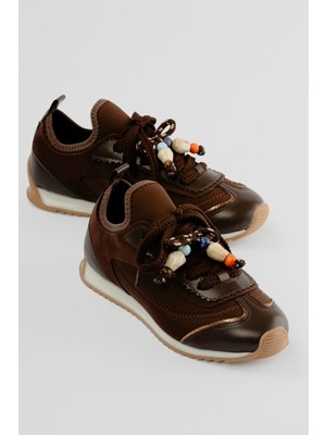Mubiano Kadın Sneaker Düz Taban Boncuk Detaylı Streç Spor Ayakkabı Brisa Kahve