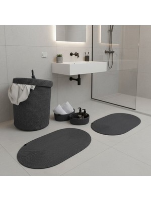 Comfort Craft Hasır / Jüt 5 Parça Antrasit Banyo Paspas Takımı | Kirli Sepeti | Oval Sepetler