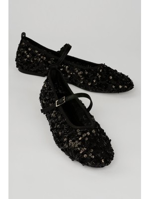 Mubiano Kadın Pullu File Babet Yuvarlak Burunlu Baretli Babet Lume Siyah