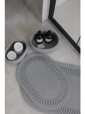 Comfort Craft Gri Hasır / Jüt 4 Parça Trikotlu Banyo Paspas Takımı | Oval Sepet, Paspas ve Dekor Seti