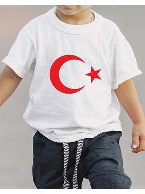 F17 Ajans Kırmızı Ay Yıldız Baskılı %100 Pamuk Sıfır Yaka Kız ve Erkek Çocuk Tişörtü