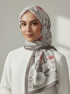 La Fien Kadın Ipeksi Yumuşak Dokuma Sakura Kiraz Çiçeği Desenli Vizon Rengi Eşarp (90X90CM)