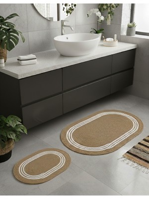 Comfort Craft Hasır Beyaz Çizgili / Jüt 4 Parça Çizgili Banyo Paspas Takımı | Oval Sepet, Paspas ve Dekor Seti