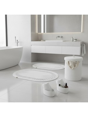 Comfort Craft Hasır / Jüt 5 Parça Beyaz Trikotlu Banyo Paspas Takımı | Kirli Sepeti | Oval Sepetler