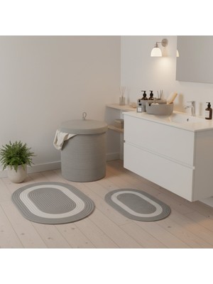 Comfort Craft Hasır / Jüt 5 Parça Gri Beyaz Şeritli Banyo Paspas Takımı | Kirli Sepeti | Oval Sepetler