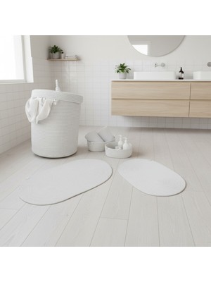 Comfort Craft Hasır / Jüt 5 Parça Beyaz Banyo Paspas Takımı | Kirli Sepeti | Oval Sepetler