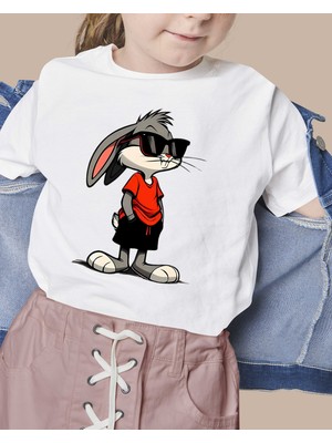 F17 Ajans Gözlüklü Tavşan Baskılı %100 Pamuk Sıfır Yaka Kız ve Erkek Çocuk Tişörtü