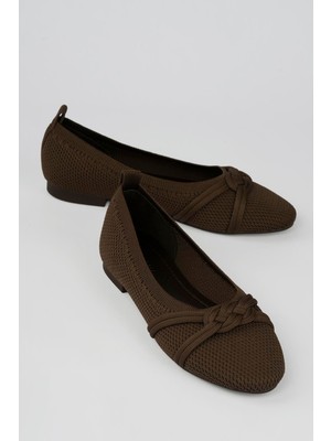 Mubiano Kadın Triko Babet Yuvarlak Burunlu Fiyonklu Günlük Babet Vela Kahve