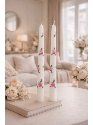 PremiumPort Pembe Gül Desenli El Yapımı Mum Seti, Masa ve Ev Dekorasyonu Için