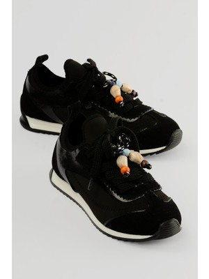 Mubiano Kadın Sneaker Düz Taban Boncuk Detaylı Streç Spor Ayakkabı Brisa Siyah