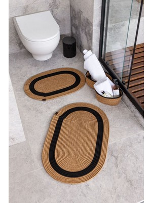 Comfort Craft Hasır Siyah / Jüt 4 Parça Siyah Şeritli Banyo Paspas Takımı | Oval Sepet, Paspas ve Dekor Seti