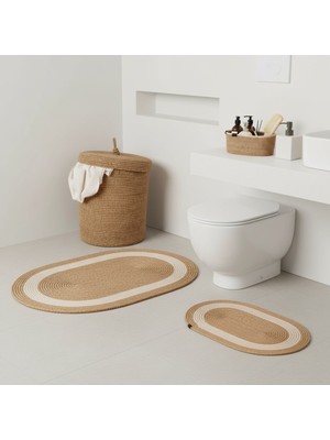 Comfort Craft Hasır / Jüt 5 Parça Beyaz Şeritli Banyo Paspas Takımı | Kirli Sepeti | Oval Sepetler