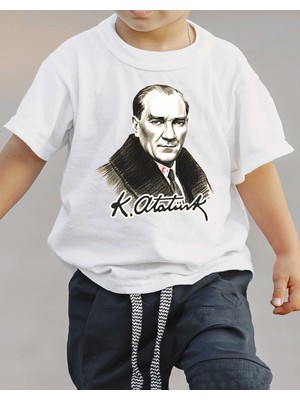 F17 Ajans Atatürk Imza ve Kara Kalem Portre Baskılı %100 Pamuk Sıfır Yaka Kız ve Erkek Çocuk Tişörtü