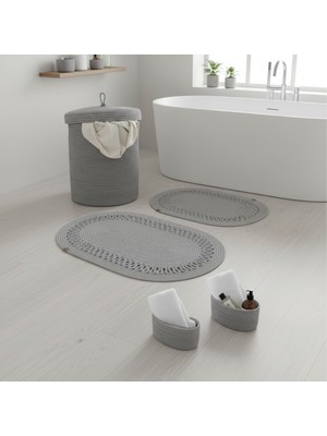 Comfort Craft Hasır / Jüt 5 Parça Gri Trikotlu Banyo Paspas Takımı | Kirli Sepeti | Oval Sepetler