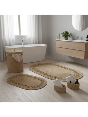 Comfort Craft Hasır / Jüt 5 Parça Hasır Trikotlu Banyo Paspas Takımı | Kirli Sepeti | Oval Sepetler