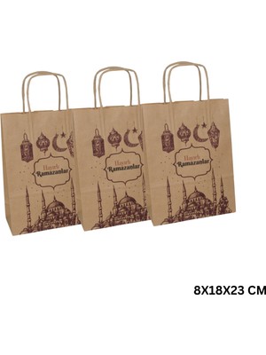 Roco Paper Co. Ramazan Hediyelik Paketleme Çantası, 3lü Paket, Cami Temalı Kraft Kağıt Çanta Seti, 8X18X23 cm