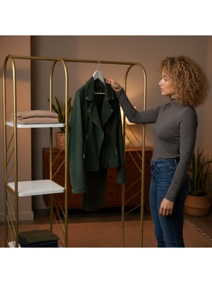 Fec Reklam 4 Raflı Metal Ayaklı Askılık Raflı Ayaklı Elbise Askılığı Konfeksiyon Askılığı Sunta Raflı