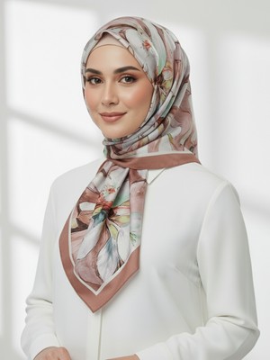 La Fien Kadın Ipeksi Mat Gül Kurusu Zeminli Soyut Çiçek Desenli Tesettür Eşarp 90X90CM