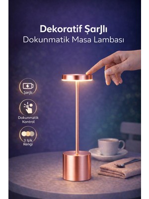 Ecuy Dekoratif Masa Üstü Şarjlı Dokunmatik Masa Lambası Rose Gold 3 Işık Renkli Dimerli Metal