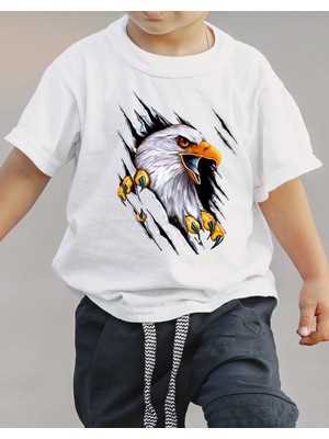 F17 Ajans Kartal Baskılı %100 Pamuk Sıfır Yaka Kız ve Erkek Çocuk Tişörtü