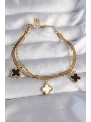 Çelik  Zirkon Taşlı Siyah Beyaz Yonca Bileklik