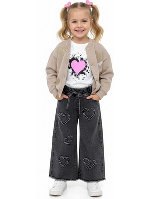 Ege Bebek Kız Çocuk Triko Hırkalı, T-Shirtlü Kot Pantalonlu 5-6-7-8-9-10-11-12 Yaş 3 Parça Şık Kombin