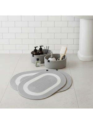 Comfort Craft Gri Beyaz / Jüt 4 Parça Gri Beyaz Şeritli Banyo Paspas Takımı | Oval Sepet, Paspas ve Dekor Seti