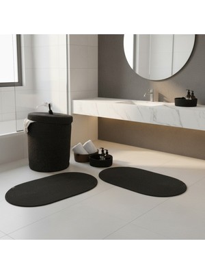 Comfort Craft Hasır / Jüt 5 Parça Siyah Banyo Paspas Takımı | Kirli Sepeti | Oval Sepetler