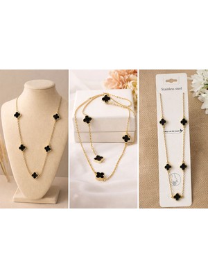 Gold Zincir Detaylı Yonca Desenli Çelik Kolye