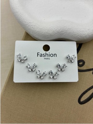 Hedef Bijuteri Zirkon Taşlı Gümüş Renk 6'lı Kelebek Model Küpe Seti