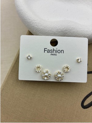 Hedef Bijuteri Zirkon Taşlı Gold Renk 6'lı Yuvarlak Incili Model Küpe Seti