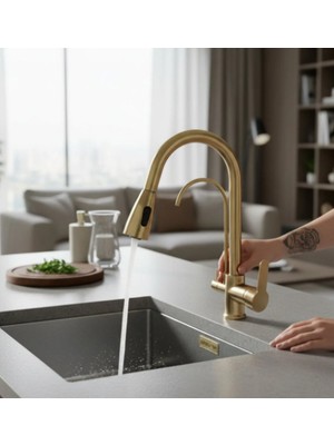 İsaoğlu Yapı Spiralli Arıtmalı Mutfak Bataryası Mat Altın Fırçalanmış Tazzik Özellikli Arıtıcılı Uzayan Armatür