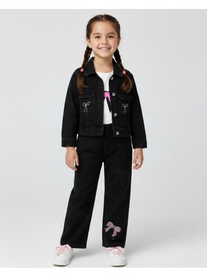 Ege Bebek Kız Çocuk 3'lü Kalp Nakışlı Jean Takım, Kız Çocuk Kot Takım, Bayramlık Kombin, 5-12 Yaş Kot Takım