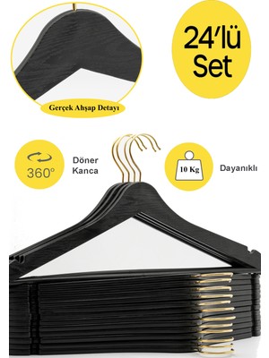 Arch 24 Adet Siyah Ahşap Görünümlü Plastik Askı Kıyafet Elbise Gömlek Askısı Gold Kancalı