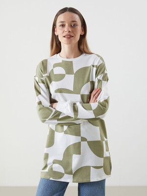 Lc Waikiki Yeni Sezon Bisiklet Yaka Desenli Oversize Kadın Sweatshirt Tunik