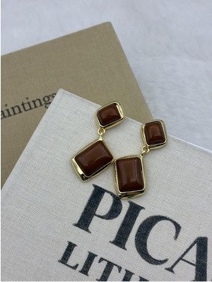 Hedef Bijuteri Kahverengi Gold Detaylı Dikdörtgen Model Vintage Sallantılı Küpe