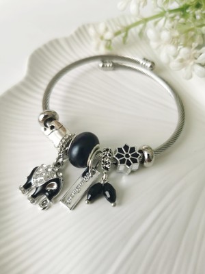 Halley Concept Çelik Siyah Boncuklu Filli Model Charm Bileklik