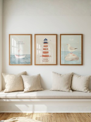 Fuart.Co Tekne, Deniz Feneri ve Martı 3lü Dijital Baskı Poster (Çerçevesiz)