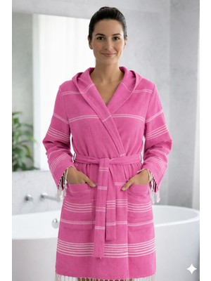 Luna %100 Pamuk Peştemal Bornoz Kapüşonlu Unisex- Fuşya