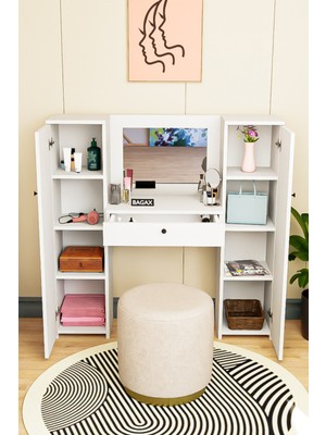 Aynalı Makyaj Masası - Çekmeceli, 2 Yan Dolaplı, Çok Raflı Ünite, Fonksiyonel Tasarım