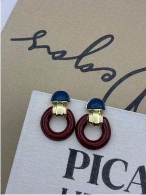 Hedef Bijuteri Lacivert Bordo Renkli Gold Detaylı Yuvarlak Tasarım Küpe