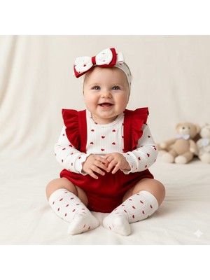 Çayzen Kız Bebek Kırmızı Kalpli Salopet Takım – %100 Pamuk Uzun Kollu Body, Çorap ve Bandanalı 3’lü Set