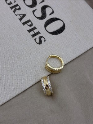 Hedef Bijuteri Gold Renk Yuvarlak Zirkon Taşlı Çizgili Kalın Halka Küpe CM70