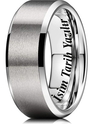 Takı Dükkanı Kişiye Özel Isim Yazılı 8mm Kalın Köşeli Mat Düz Erkek Kadın Çelik Alyans Yüzük CL31KO