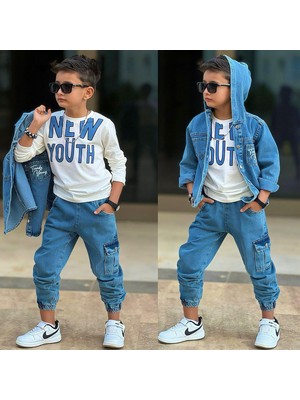 My Kids Wear Erkek Çocuk Bayramlık Kapüşonlu Kot Ceket, Pantolon & Tişört (3’lü) 12489