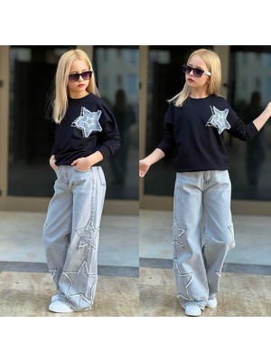 My Kids Wear Kız Çocuk 2’li Sweatshirt & Kot Pantolon Takımı – Yıldız Detaylı 12492