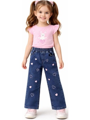 İrem Çocuk Giyim Kız Çocuk Pembe Kalp Nakışlı Beli Lastikli Koyu Mavi Renk Pantolon