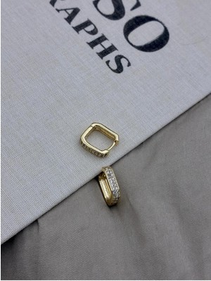 Hedef Bijuteri Gold Renk Kare Model Iki Sıra Zirkon Taşlı Halka Küpe CM42