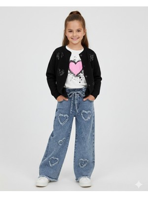 Ege Bebek Kız Çocuk Triko Hırkalı, T-Shirtlü Kot Pantalonlu 5-6-7-8-9-10-11-12 Yaş 3 Parça Şık Kombin